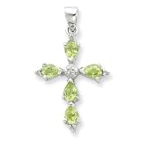 Sterling Silver Rhodium Pear Peridot Cross Pendant - JewelryWeb