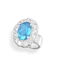 Sterling Silver Stunning Blue Glass Ring Charm Bead Surrounded By Clear CZs. Genuine Hight Quality .925 Sterling Silver