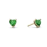 14K Yellow Gold Heart Genuine Emerald Stud Earrings