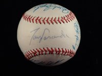 Signed Dodgers, Los Angeles (1987) Dodgers Logo Baseball in Blue Ink (17 Signatures in all - Rick Honeycutt, Fernando Valenzuela, Jeff Hamilton, Ralph Bryant, Len Matuzek, Mickey Hatcher, Alejandro Pena, Dave Anderson, Brian Holton, Bill Russell, Franklin Stubbs, Mike Scioscia, Matt Young, Tim Leary, and Tommy Lasorda)
