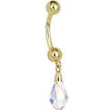 Solid 14KT Yellow Gold Swarovski Crystal Drop Belly Ring