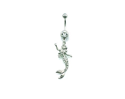 14G Cute Fairy Mermaid With Clear Gems Belly Button Navel Ring Bar Body Piercing Silver