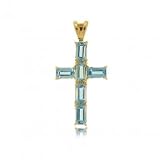 14k Yellow Gold Cross Pendant w Emerald Cut Blue Topaz