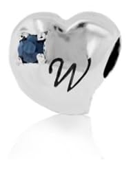 Sterling Silver Alphabet W Pandora Style Charm with 2 Pieces 3mm Dark Blue Natural Sapphire Gemstones on Both Sides , Fits Pandora and All Brands Charm Bracelets and Necklaces.