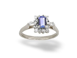 14K White Gold Genuine Emerald cut Tanzanite and Diamond Ring