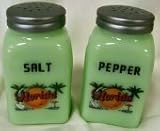 Vintage Florida Souvenir Green Milk Glass Salt & Pepper Shaker Set