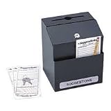 Safco Products Company Products - Suggestion Box, w/Lock, 4-3/4 Slot, 7-1/8x6x8-1/2, Black - Sold as 1 EA - Locking, steel suggestion box invites confidential ideas and comments. Circle cut in 4-3/4 wide deposit slot accepts keys. Front pocket holds blank cards and pen. Box includes pack of 25 suggestion cards, two keys and adhesive labels marked: Suggestions, Comments and Key Drop. Set box on a tabletop or mount to a wall with included hardware. Sturdy steel construction has a powder-coat