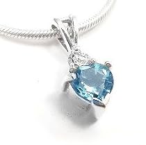 Sterling Silver Blue Topaz Heart and White CZ Pendant and 16" Chain Necklace Gift Boxed