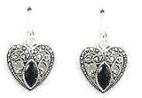 Fashion Costume Jewelry Vintage Style Marcasite and Black Crystal Heart Dangle Drop Earrings