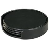 Four Leather Coasters - With Holder - Black (Black) (1.375H x 4.375W x 4.375D)