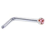Solid 18KT White Gold 1.5mm Genuine Pink Sapphire L-Shaped Nose Ring - 18 Gauge