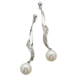 14K White Gold Twisted Cultured Pearl and Diamond Earrings