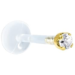16 Gauge 3/8" Solid 14KT Yellow Gold 1.5mm Genuine Diamond Bioplast Push in Labret