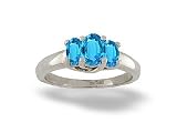 14K White Gold Genuine Oval Blue Topaz 3-Stone Ring