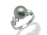 Tahitian Black Pearl Ring with Diamond in 14K White Gold