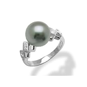 Tahitian Black Pearl Ring with Diamond in 14K White Gold by Maui Divers of Hawaii