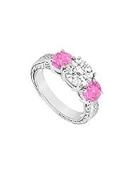 Three Stone Pink Sapphire and Diamond Ring : 14K White Gold - 1.50 CT TGW