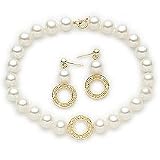 14k Yellow Gold Pearl and Diamond Circle Bracelet and Earring Set