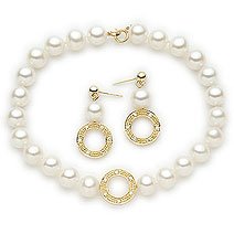 14k Yellow Gold Pearl and Diamond Circle Bracelet and Earring Set