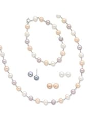 Sterling Silver Freshwater Cultured Multi Tone Pearl Knot 18 in. Necklace & Three Earring Set