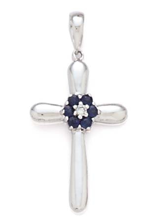 14k White Gold  Diamond & Sapphire Cross Pendant