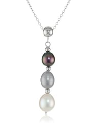 Sterling Silver Black, Grey and White Chinese Freshwater Cultured Pearl Graduated Pendant Necklace, (7-9mm) 18"