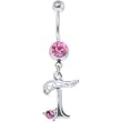 Passion Pink Jeweled Initial Dangle Belly Ring - Letter T