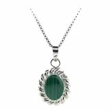 Sterling Silver Twisted Silver Border Genuine Malachite Stone Oval Pendant