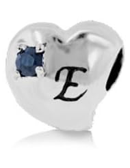 Sterling Silver Alphabet E Pandora Style Charm with 2 Pieces 3mm Dark Blue Natural Sapphire Gemstones on Both Sides , Fits Pandora and All Brands Bracelets and Necklaces.