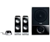 Philips SPA 7350/10 2.1 Multimedia Lautsprecher (100 Watt MPO, 2 Satelliten Holz-Subwoofer, MP3 Eingang an der Fernbedienung) schwarz