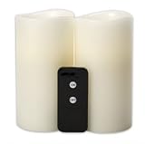 Remote Controlled Flameless Battery Ivory Pillar Candles Set of 2 3