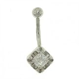 10KT White Gold Belly Ring Barbell Princess CZ Gem