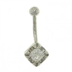 Princess CZ Gem Belly Ring Barbell in Solid White Gold