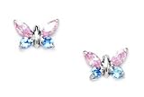 14k White Gold Pink and Blue CZ Butterfly Screwback Earrings - Measures 6x8mm - JewelryWeb