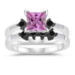 0.55 Cts Black & White Diamond, 1.04 Cts Pink Sapphire Matching Ring Set in 14K White Gold