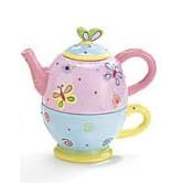 Easter BUTTERFLY Tea cup TEAPOT in one stacked pink