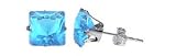 Sterling Silver 3 MM Square Princess Cut Aqua Cubic Zirconia Stud Post Earrings