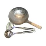 10" Hand Hammered Pow Wok, Carbon Steel (mini) with Stainless Steel Wok Spatula and Ladle