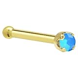 Solid 14KT Yellow Gold 2mm Caribbean Blue Cubic Zirconia Nose Bone - 18 Gauge