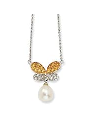 Cheryl M. Sterling Silver Gold-Plated CZ & 7mm White Cultured Pearl 16in Butterfly Necklace