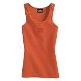 Harley Davidson Women's Sleeveless Tank Top. Scoop neck tank with heat transferred rhinestone Bar & Shield logo on chest. Harley-Davidson strip label on back neck. 92% cotton, 8% spandex 2 x 2 rib. Vintage Orange 99065-07VW; Black 99064-07VW