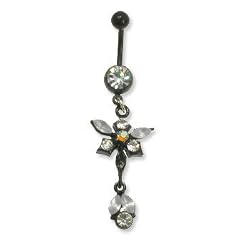 Black Bioplast Belly Ring with Clear Australian Crystals - 14g/5mm ball