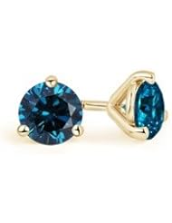1 ct Enhanced Solitaire Blue Diamond Stud Earrings in Yellow Gold Quality Best