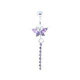 Jeweled CZ Purple Butterfly Navel Belly Button Dangling Ring. 14g 316L surgical stainless steel.