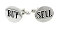 Silver plated and enamel buy and sell financial or banker cufflinks with presentation box. Made in the U.S.A