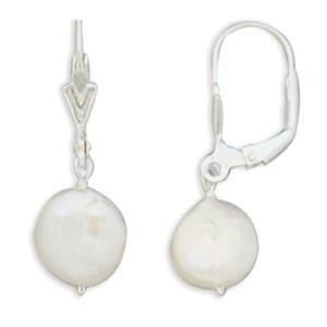 White Pearl Cultured Freshwater Coin Pearl Earrings Sterling Silver Leverback