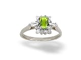 14K White Gold Genuine Emerald-cut Peridot and Diamond Ring