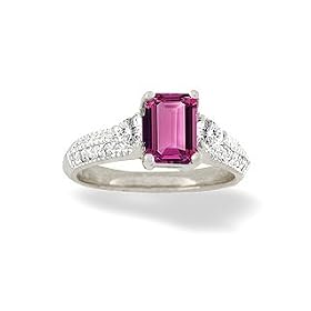 14K White Gold Genuine Emerald-cut Pink Tourmaline and Diamond Ring by Jewels For Me
