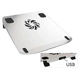 Kantek Products - Notebook Stand, w/USB Port/Cooling Fan, 12x10-1/4x1, AM - Sold as 1 EA - Portable laptop stand is angled to provide optimum and ergonomically correct viewing level for your notebook computer. Built-in cooling fan plugs into a USB port to control temperature. Laptop stand offers an additional USB port to attach your mouse, camera, lamp or other peripherals. Legs fold for easy portability. Lightweight, 13 oz. construction has a brushed aluminum finish.
