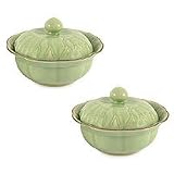 Celadon ceramic bowls with lids, 'Lotus Leaves' (pair)